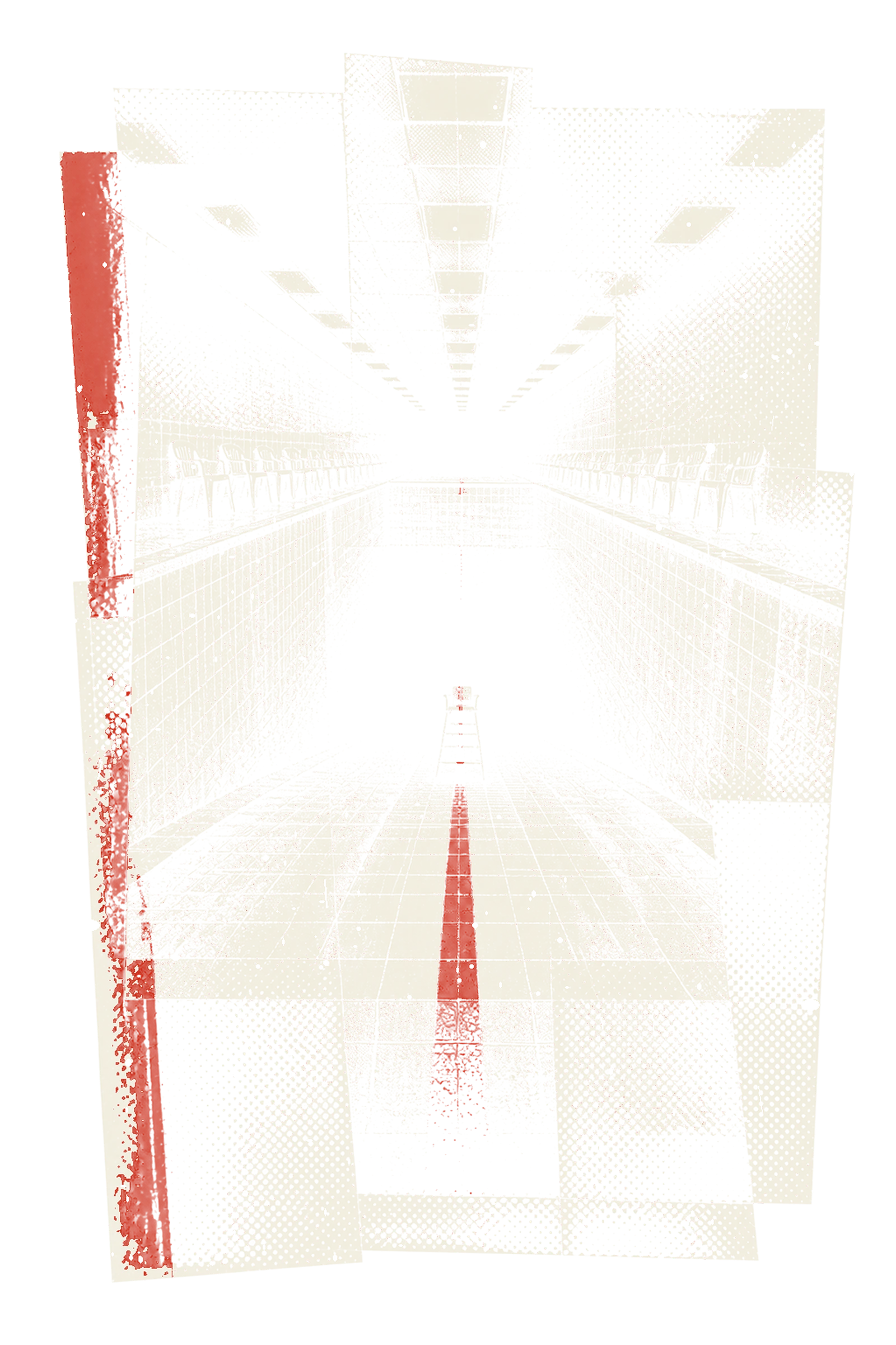 A stark red, black and cream illustration of an empty swimming pool descending into darkness